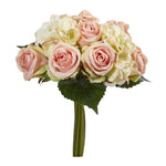 Bouquet of pink and white flowers with green leaves on a white background