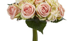 Bouquet of pink and white flowers with green leaves on a white background
