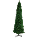 A tall, conical artificial Christmas tree in dark green with a black metal stand, isolated on a solid white background.
