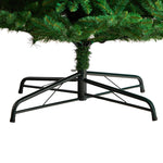 Black metal Christmas tree stand with a green artificial tree on a white background
