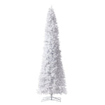 A tall, white artificial Christmas tree with a silver metal stand, shown against a plain white background.