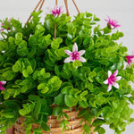 Artificial lily blooms and eucalyptus greenery in a woven hanging basket
