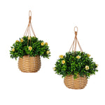 1. Artificial aptenia and lily hanging planter set with woven baskets and low-maintenance greenery