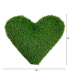 Heart-shaped artificial grass cushion with dimension markers showing 20 inches wide and 19 inches high on a white background.