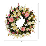 Floral wreath with pink and white flowers on a white background