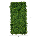 A rectangular green artificial living wall panel with dense faux foliage, shown on a white background with dimension lines indicating 40 inches tall by 20 inches wide.