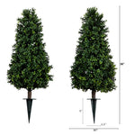 Two artificial topiary trees with dimensions indicated on a white background