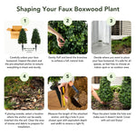 Step-by-step guide on shaping a faux boxwood plant with images and text.