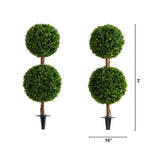 Four artificial topiary trees with dimensions indicated on a white background