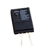 A black electronic timer relay module with white printed instructions on its top face, featuring a round button and three white wire leads extending from the bottom, shown against a plain white background.