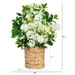 A potted artificial flowering plant with white blossoms and green leaves in a woven wicker basket, shown on a white background with dimension lines and labels indicating 31 inches tall, 20 inches wide, 11.5 inches mid-height, and 10.