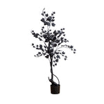 A black artificial vine tree with glossy leaves and a curved trunk, presented in a dark cylindrical pot against a solid white background.