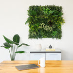 A square green living wall made of artificial plants and foliage hangs on a white wall above a light blue cabinet. In the foreground, a wooden desk holds a closed laptop and a white mug, with a large potted plant on the left.