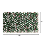 Rectangular artificial greenery hedge panel with a diamond lattice pattern, featuring green faux leaves, pink flower buds, and brown wooden slats, shown with dimension markers of 80 inches by 40 inches on a white background.