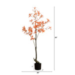 Potted artificial tree with orange leaves and dimensions on a white background