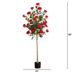 Tall artificial rose tree with red flowers and green leaves in a black pot, shown with height and width measurement markers on a white background.