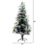 A 60-inch artificial Christmas tree with green needles, white faux snow, pinecones, and multicolor lights on a black metal stand, shown with height and width dimension lines on a white background.
