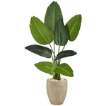 Green faux travelers palm with realistic upward-fanning leaves