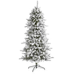 A flocked artificial Christmas tree with white snow-like dusting and dark green needles, standing on a black metal stand against a plain white background.