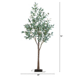 An artificial eucalyptus-style tree with a brown trunk, green-blue leaves, and small dark berries on a black base, shown with dimension lines indicating 72 inches tall, 28 inches wide, 8.5 inches from the trunk to the base, and a 2-inch depth at the base.