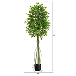 Tall artificial leafy tree in a black planter with dimension labels showing 78 inches height, 30 inches width, 7 inches trunk depth, and 8 inches pot depth on a white background.
