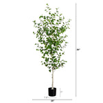 An artificial birch tree with green leaves and a light-colored trunk in a black pot, shown with height and width dimension markers on a white background.