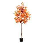 Artificial tree with orange leaves in a pot on a white background