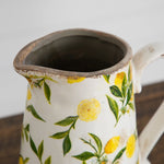 Lemon print jug vase with curved handle and spout