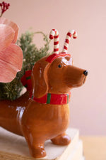 Christmas ceramic dog planter with candy cane accent for tabletop displays
