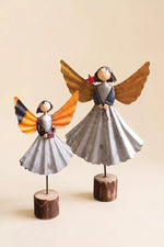 Recycled Metal Angel Decor Set of Two With Wooden Base Accents Brand