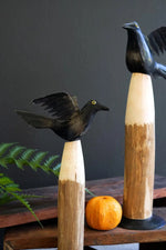 Set of 2 Black Crow Figures 13.5 in Iron With Wooden Bases For Decor Brand