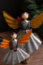 Set of Two Recycled Metal Angel Decor Figures Wooden Bases Brand