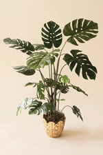 An artificial Monstera deliciosa houseplant with realistic green leaves, potted in a woven natural fiber basket with soil, set against a solid beige background.