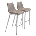 Zuo Magnus Barstool Set of 2 – Brown Faux Leather Seat, Silver Stainless Steel Frame, 43.3