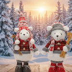 Christmas Plush Skiing Polar Bear Figurines Set of 2 Winter Wonderland Decor