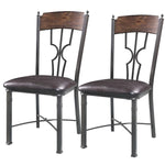 Benzara Metal Framed Side Chair with Leatherette Seat and X Shape Stretcher, Gray and Brown, Set of 2