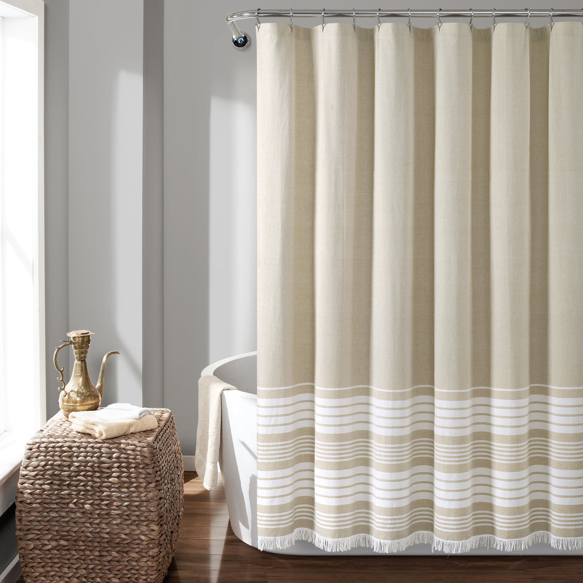 Yellow Shower Curtain for Bathroom Stripe Tassel Cotton Linen (Yellow)