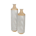Benzara 22 Inches Metal Vase with Pierced Details, White and Brown