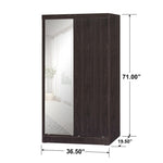 Better Home Products W40-M-Tob Mirror Wood Double Sliding Door Wardrobe In Tobacco