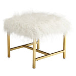 Benzara Faux Fur Upholstered Metal Frame Accent Stool, White and Gold