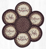 Festive printed round trivet set 10x10 inches in basket