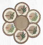 Herb-themed printed round trivets 10x10 inches in basket