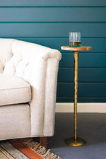 Acacia & Gold Pedestal Side Table – 25.5