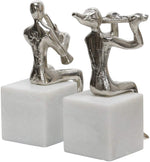 Benzara Metal Sitting Musicians Accent Decor with Marble Base, Set of 2, Silver