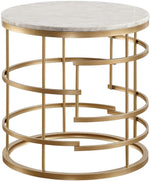 Benzara Faux Marble Top Round End Table with Metal Base, White and Gold
