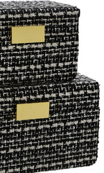 Benzara Fabric Box with Striped Pattern and Metal Lock, Set of 2, Black and Gold