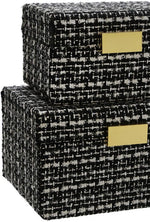 Benzara Fabric Box with Striped Pattern and Metal Lock, Set of 2, Black and Gold