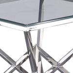 Benzara Square Glass Top Metal Side Table with Open Geometric Base, Silver