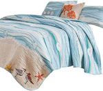 Benzara Maritsa Five Piece Queen Size Fabric Quilt Set with Coastal Prints, Blue