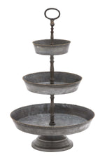 Benzara Galvanized 3 Tier Studded Tray in Metal, Silver